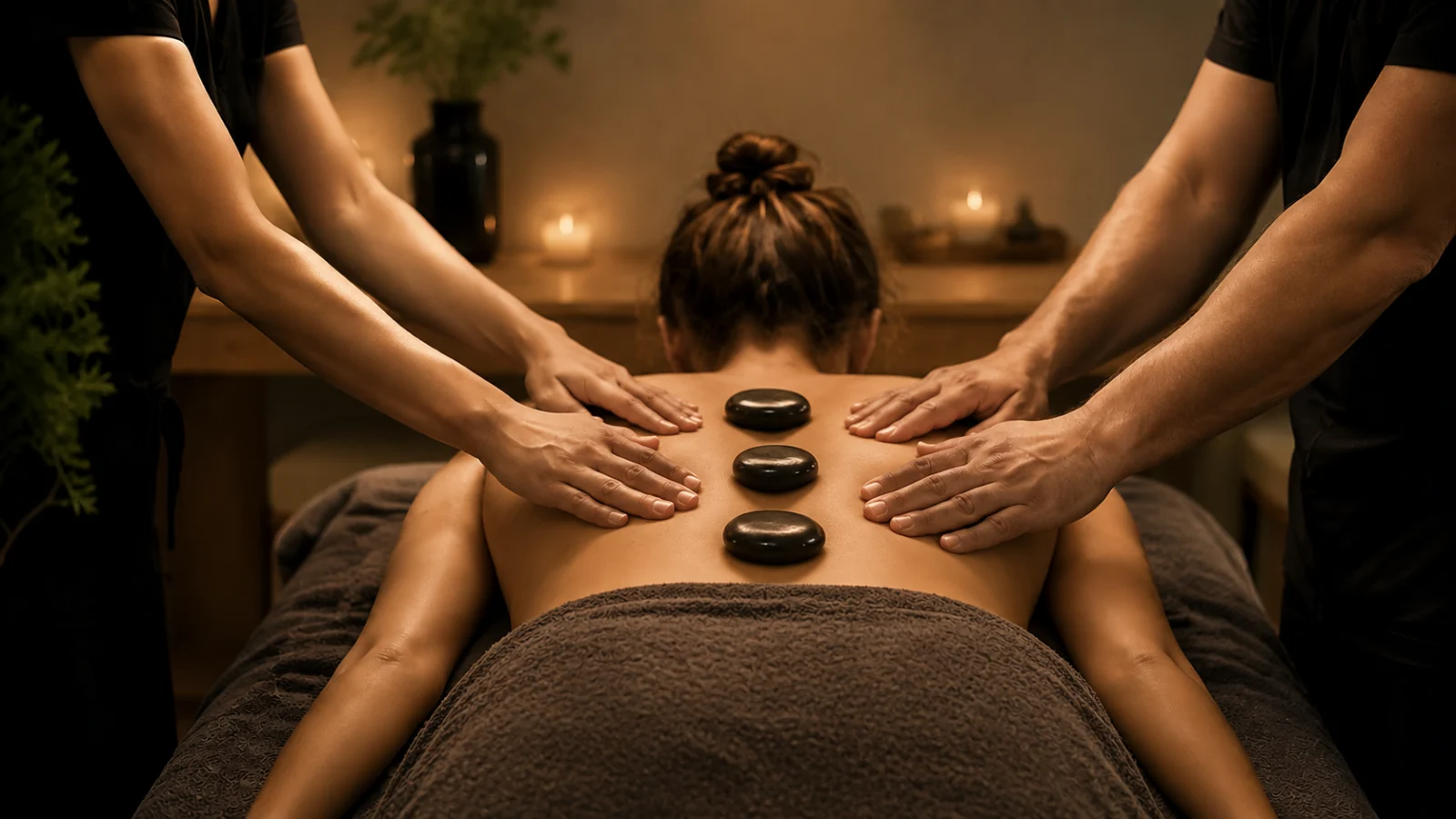 Bild som visar massage med fyra händer och varma stenar